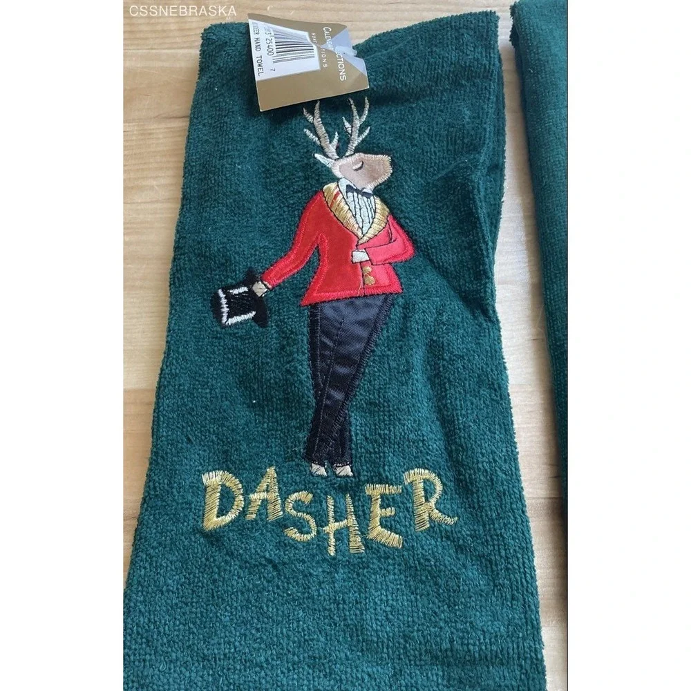 Home Innovations Hunter Green, Christmas Hand Towel Set Embroidered Reindeer NWT